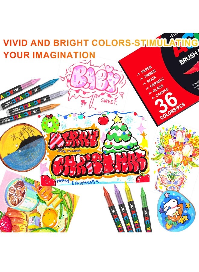 36 Colors Soft Brush Tip Acrylic Markers Set, Paint Pens for Rock, Wood, Fabric, Canvas, Glass, DIY Crafts, Waterproof Paint Markers, Vibrant Acrylic Pens for Artists and Art Projects - Image 3
