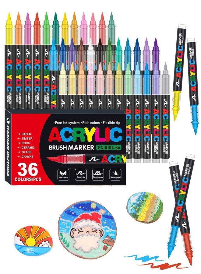 36 Colors Soft Brush Tip Acrylic Markers Set, Paint Pens for Rock, Wood, Fabric, Canvas, Glass, DIY Crafts, Waterproof Paint Markers, Vibrant Acrylic Pens for Artists and Art Projects - Image 1