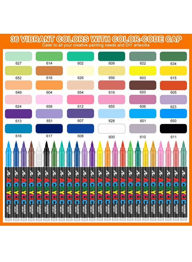 36 Colors Soft Brush Tip Acrylic Markers Set, Paint Pens for Rock, Wood, Fabric, Canvas, Glass, DIY Crafts, Waterproof Paint Markers, Vibrant Acrylic Pens for Artists and Art Projects - Image 2