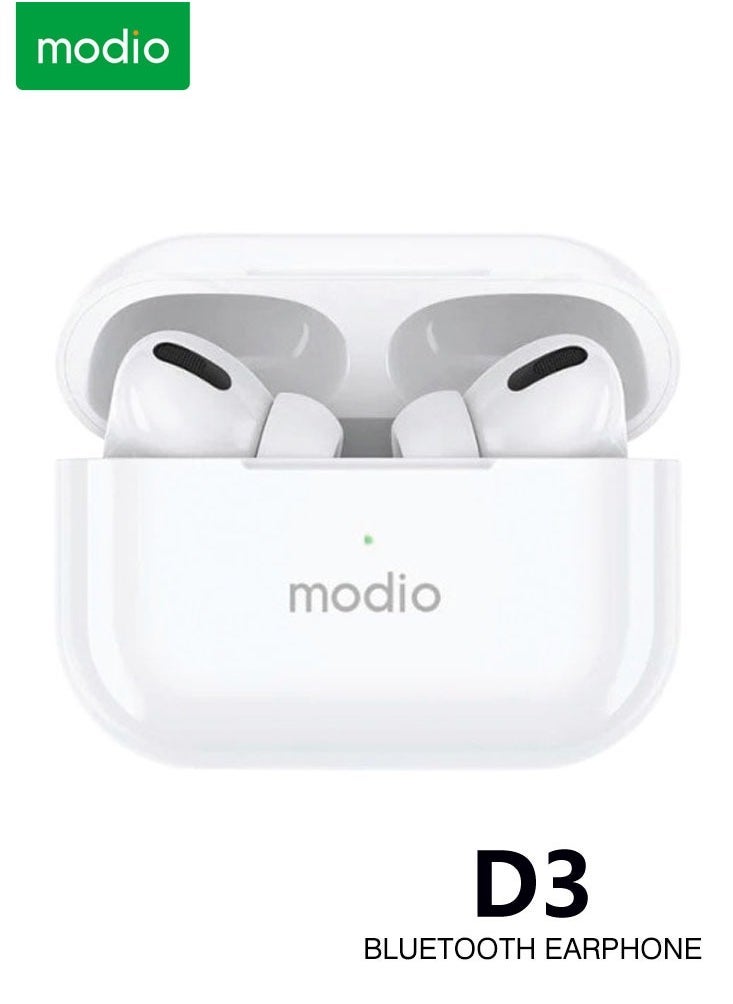 modio - D3 Premium Wireless Earbuds White with Deep Bass and Noise Cancelling Technology | Multi-Functional Touch Control & Built-In Microphone | Compatible with Android Mobiles and Tablets | Long Battery Life & Comfortable Fit for Music, Calls & Gaming - Image 1