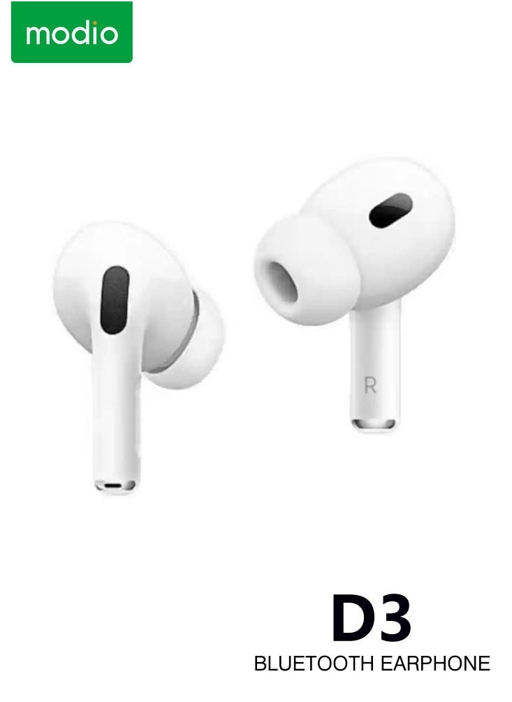 modio - D3 Premium Wireless Earbuds White with Deep Bass and Noise Cancelling Technology | Multi-Functional Touch Control & Built-In Microphone | Compatible with Android Mobiles and Tablets | Long Battery Life & Comfortable Fit for Music, Calls & Gaming - Image 1
