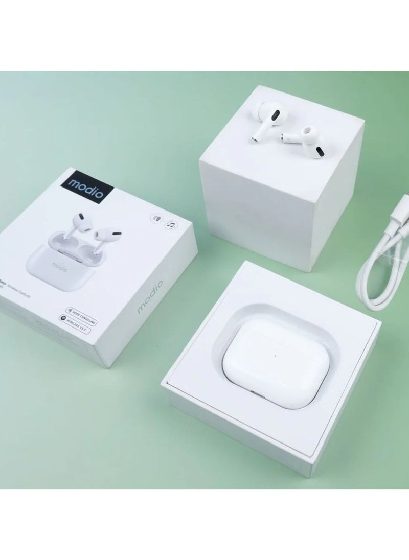 modio - D3 Premium Wireless Earbuds White with Deep Bass and Noise Cancelling Technology | Multi-Functional Touch Control & Built-In Microphone | Compatible with Android Mobiles and Tablets | Long Battery Life & Comfortable Fit for Music, Calls & Gaming - Image 1
