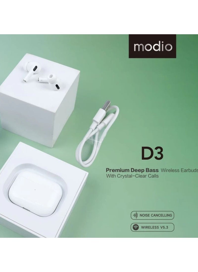 modio - D3 Premium Wireless Earbuds White with Deep Bass and Noise Cancelling Technology | Multi-Functional Touch Control & Built-In Microphone | Compatible with Android Mobiles and Tablets | Long Battery Life & Comfortable Fit for Music, Calls & Gaming - Image 1