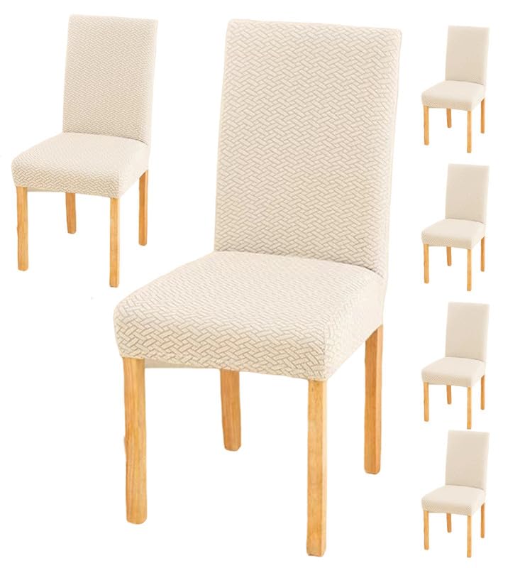 Styleys Elastic Chair Cover Stretch Removable Washable Short Jacquard Dining Chair Cover Protector Seat Slipcover (Pack of 6, Ivory, JCMC7) - Image 1