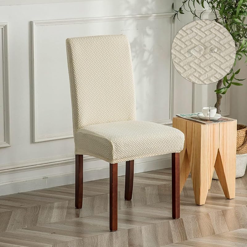 Styleys Elastic Chair Cover Stretch Removable Washable Short Jacquard Dining Chair Cover Protector Seat Slipcover (Pack of 6, Ivory, JCMC7) - Image 5