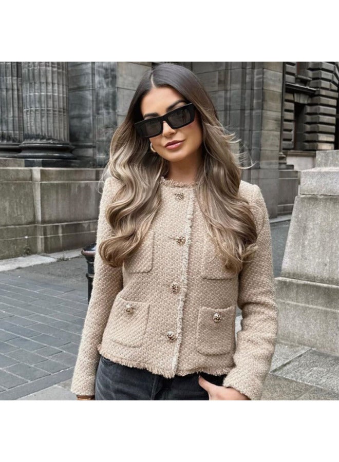 European And American Fashion Autumn New Metal Button Pocket Slub Short Outer Single-breasted Top