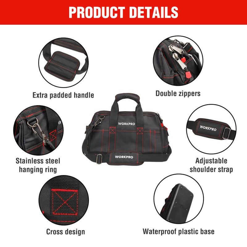 WORKPRO 16-inch Close Top Wide Mouth Tool Storage Bag with Water Proof Rubber Base, W081022A, 16" - Image 3