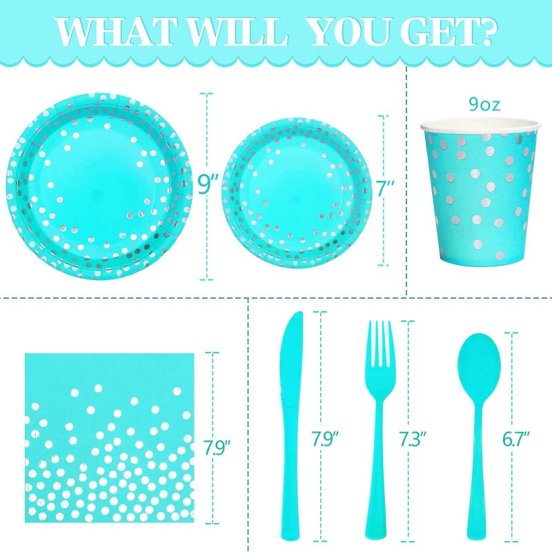 Gudvilla Teal Party Decorations  168PCS Teal Plates and Napkins Party Supplies  Teal Paper Plates Serves 24  Teal Birthday Plates  Teal Birthday Decorations for Women Girls Birthday Party - Image 4