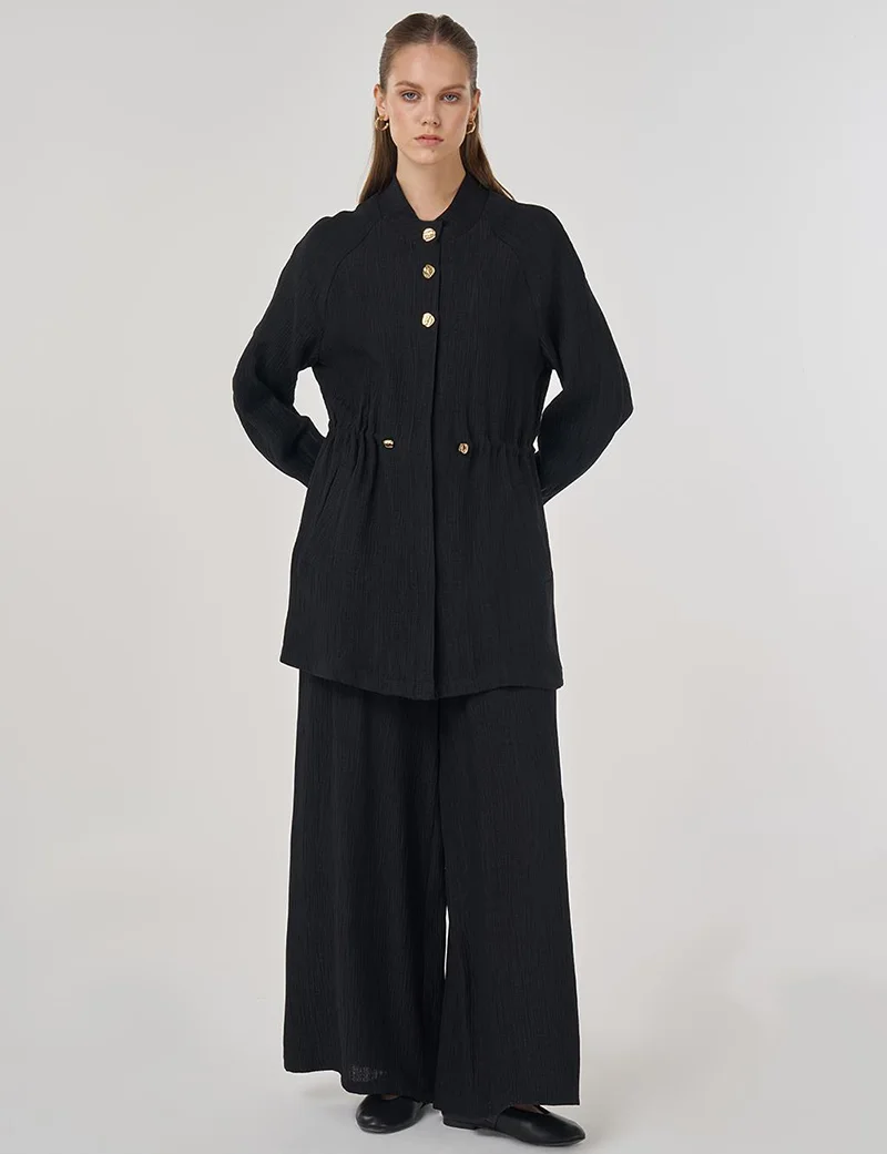 Kayra Lyocell Two-Piece Suit with Shiny Buttons in Black
