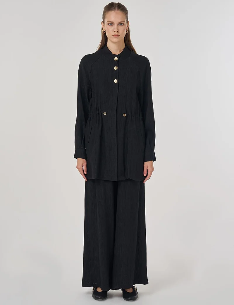 Kayra Lyocell Two-Piece Suit with Shiny Buttons in Black