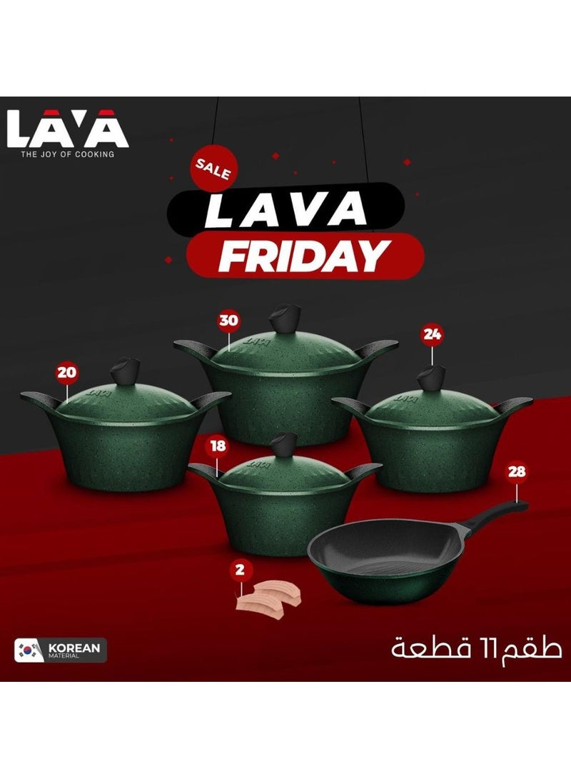 Lava 11 Piece Lava Granite Set 4 Pots-18-20-24-30-28 cm Frying Pan 28 -2 Silicone Handles -Old Green 