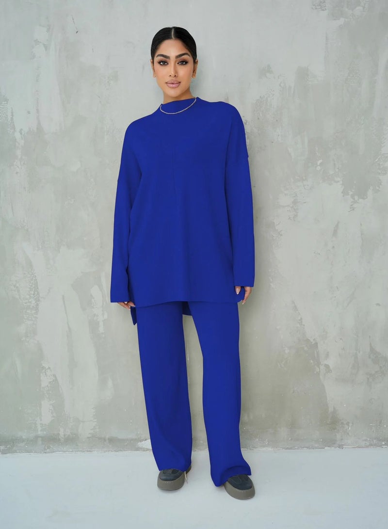 Andy Women's Premium Knitwear Set – Long-Sleeve Tunic Top with Wide-Leg Trousers | Elegant & Comfortable Two-Piece Outfit for Casual or Formal Wear - Blue