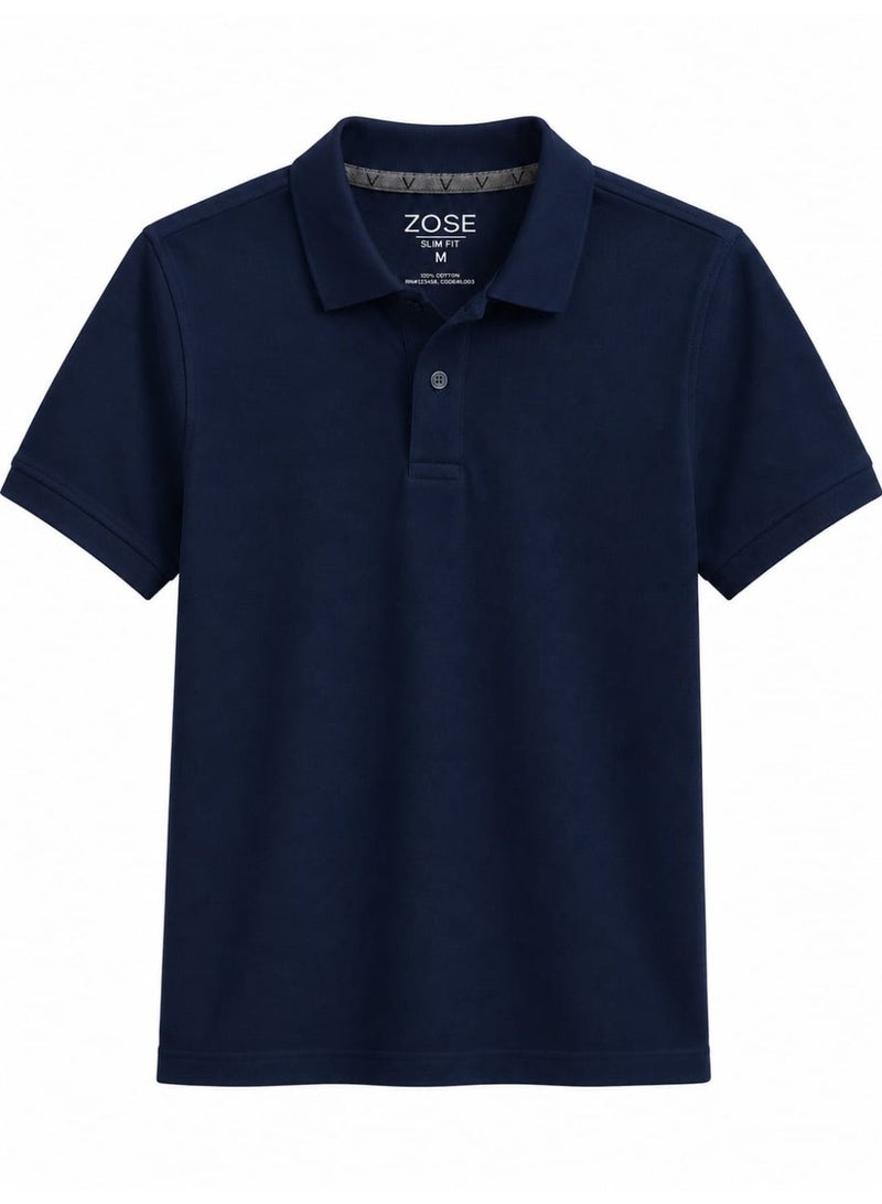 ZOSE Men's Navy Blue Cotton Short Sleeve Polo T-Shirt with Quick-Dry Technology - Image 3