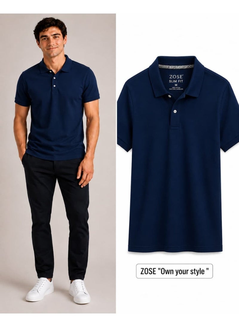 ZOSE Men's Navy Blue Cotton Short Sleeve Polo T-Shirt with Quick-Dry Technology - Image 1