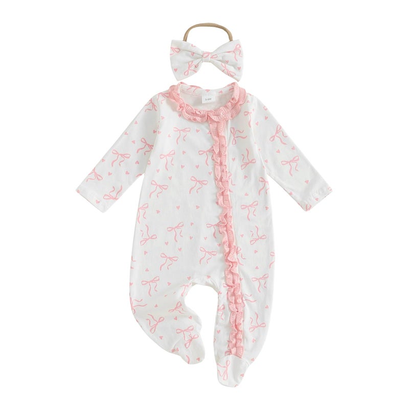 BULINGNA Newborn Baby Girl Outfits Bow Print Jumpsuit Ruffle Zipper Footed One-Piece Romper Cute Fall Winter Baby Outfit (Pink, 0-3 Months) - Image 1