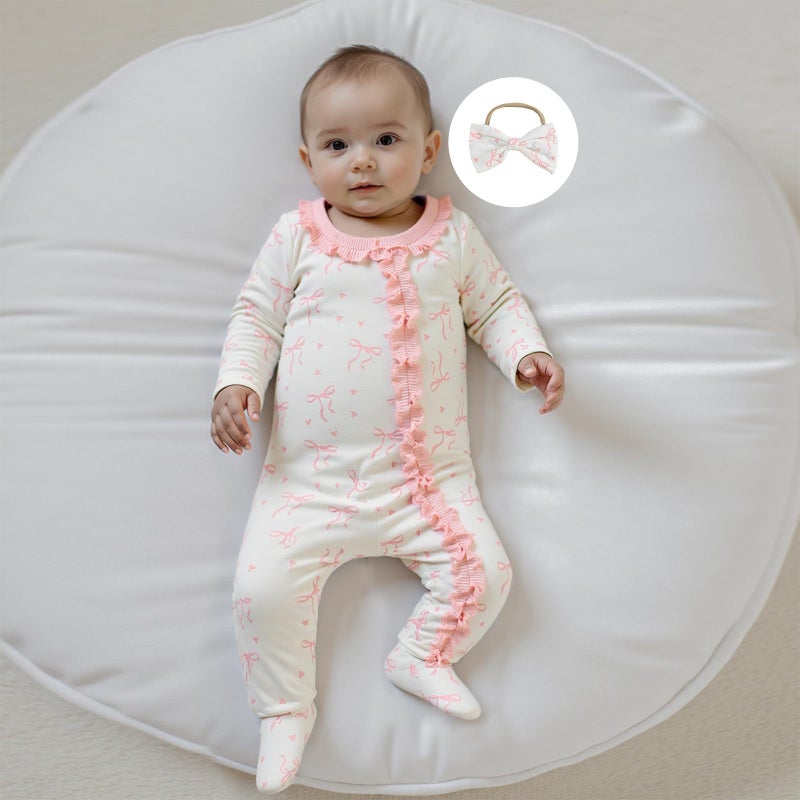 BULINGNA Newborn Baby Girl Outfits Bow Print Jumpsuit Ruffle Zipper Footed One-Piece Romper Cute Fall Winter Baby Outfit (Pink, 0-3 Months) - Image 2