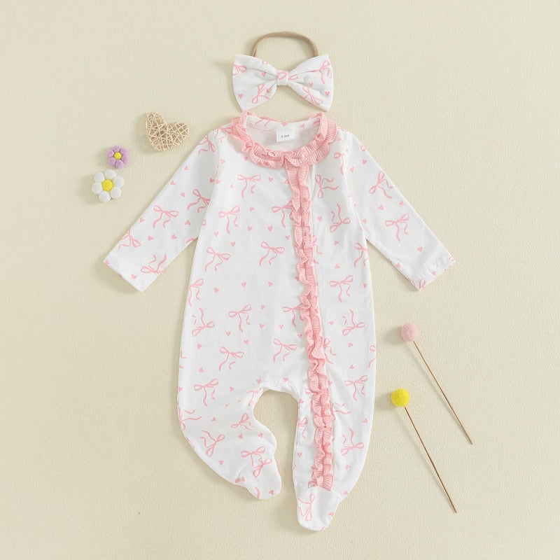 BULINGNA Newborn Baby Girl Outfits Bow Print Jumpsuit Ruffle Zipper Footed One-Piece Romper Cute Fall Winter Baby Outfit (Pink, 0-3 Months) - Image 4