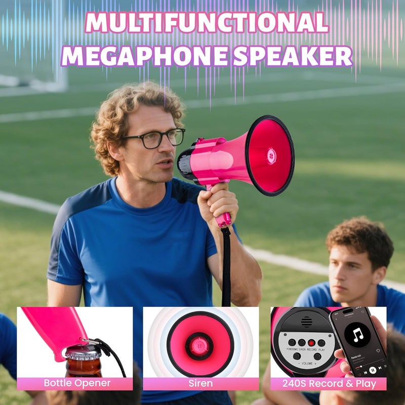 Loudmore 30 Watt Power Portable Megaphone Bullhorn Speaker Voice, Siren/Alarm and 240S Recording with Volume Control and Strap (DeepPink) - Image 5