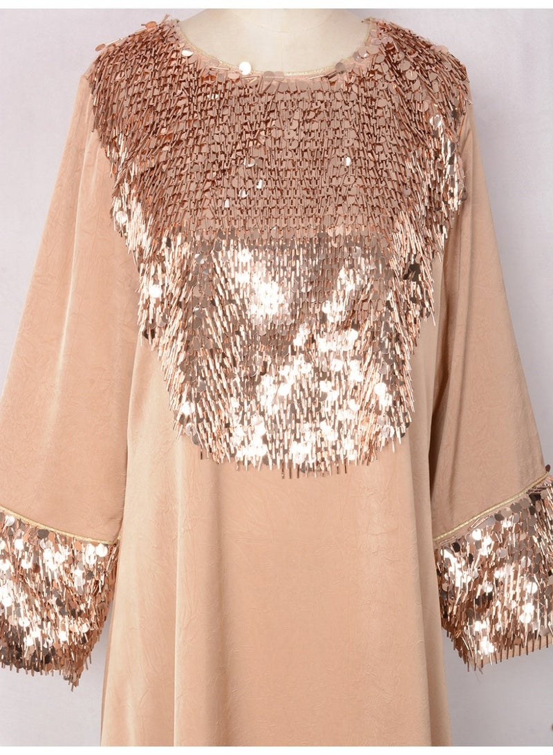 Kaiyuede Dubai Light Pink Satin Abaya with Rose Gold 3D Tassel Sequin | Round Neck Lined Modest Evening Dress for Eid & Wedding - Image 2
