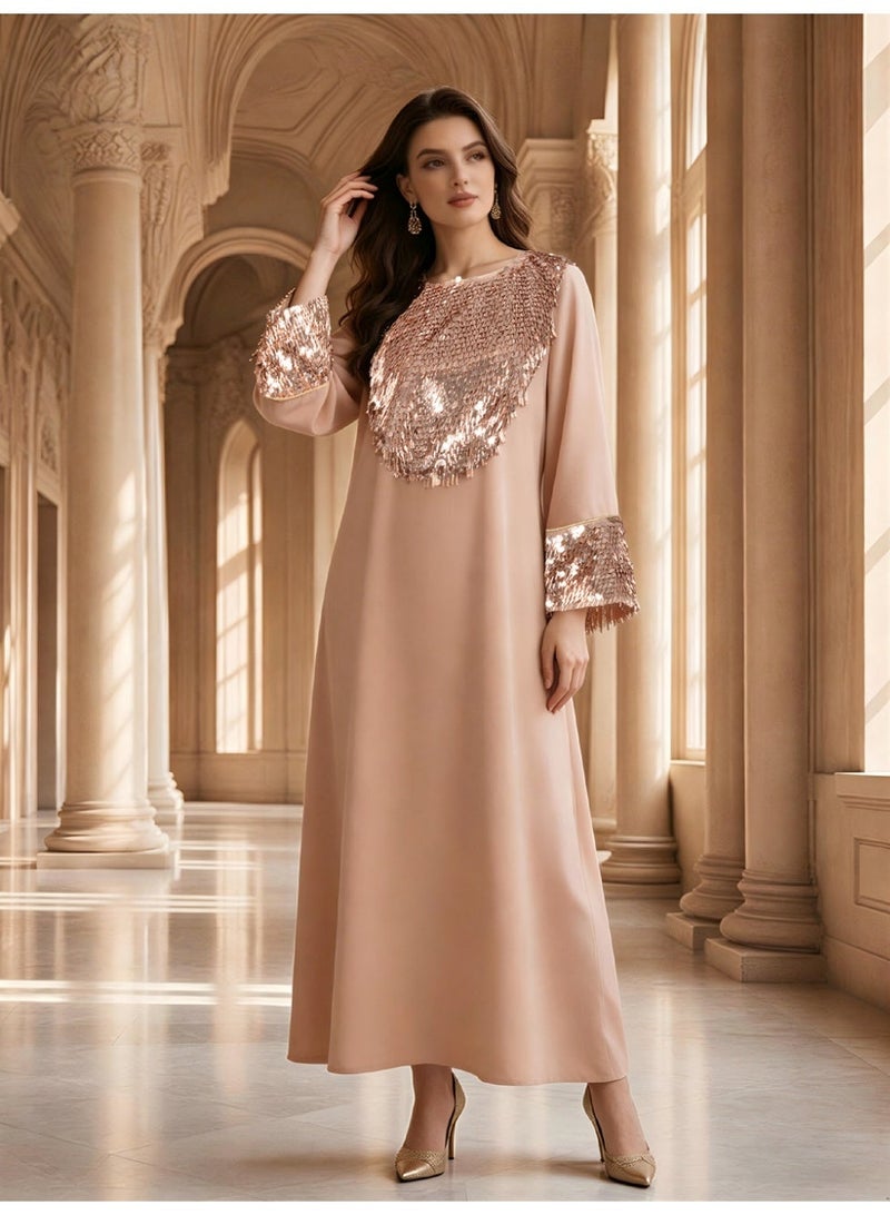 Kaiyuede Dubai Light Pink Satin Abaya with Rose Gold 3D Tassel Sequin | Round Neck Lined Modest Evening Dress for Eid & Wedding - Image 1