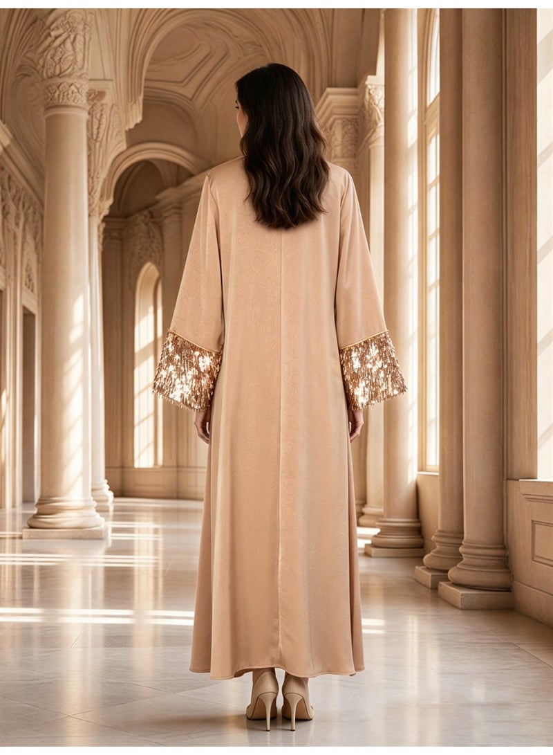 Kaiyuede Dubai Light Pink Satin Abaya with Rose Gold 3D Tassel Sequin | Round Neck Lined Modest Evening Dress for Eid & Wedding - Image 3