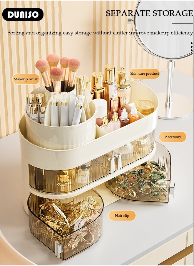 DUNISO 3-Layer Makeup Organizer with 2 Drawer, 360 Degree Rotating Large Capacity Skin Care Product Organizer, Cosmetic Display Cases with Makeup Brush Holder, Multipurpose Cosmetics Organizer for Bedroom Dresser Bathroom Vanity Countertop  - Image 3