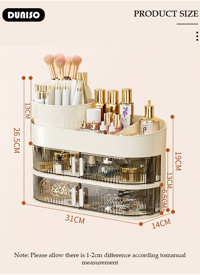 DUNISO 3-Layer Makeup Organizer with 2 Drawer, 360 Degree Rotating Large Capacity Skin Care Product Organizer, Cosmetic Display Cases with Makeup Brush Holder, Multipurpose Cosmetics Organizer for Bedroom Dresser Bathroom Vanity Countertop  - Image 4