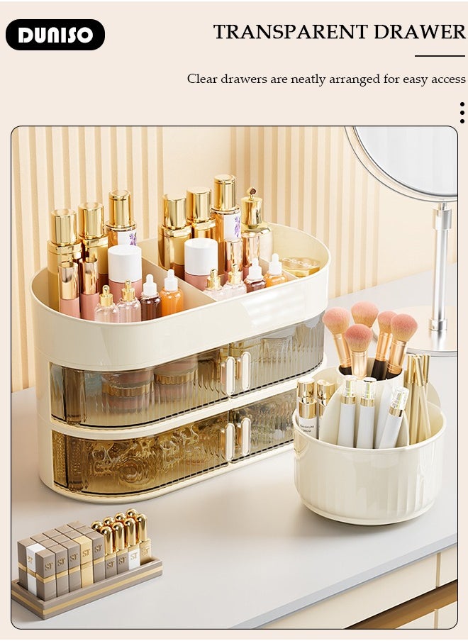 DUNISO 3-Layer Makeup Organizer with 2 Drawer, 360 Degree Rotating Large Capacity Skin Care Product Organizer, Cosmetic Display Cases with Makeup Brush Holder, Multipurpose Cosmetics Organizer for Bedroom Dresser Bathroom Vanity Countertop  - Image 5