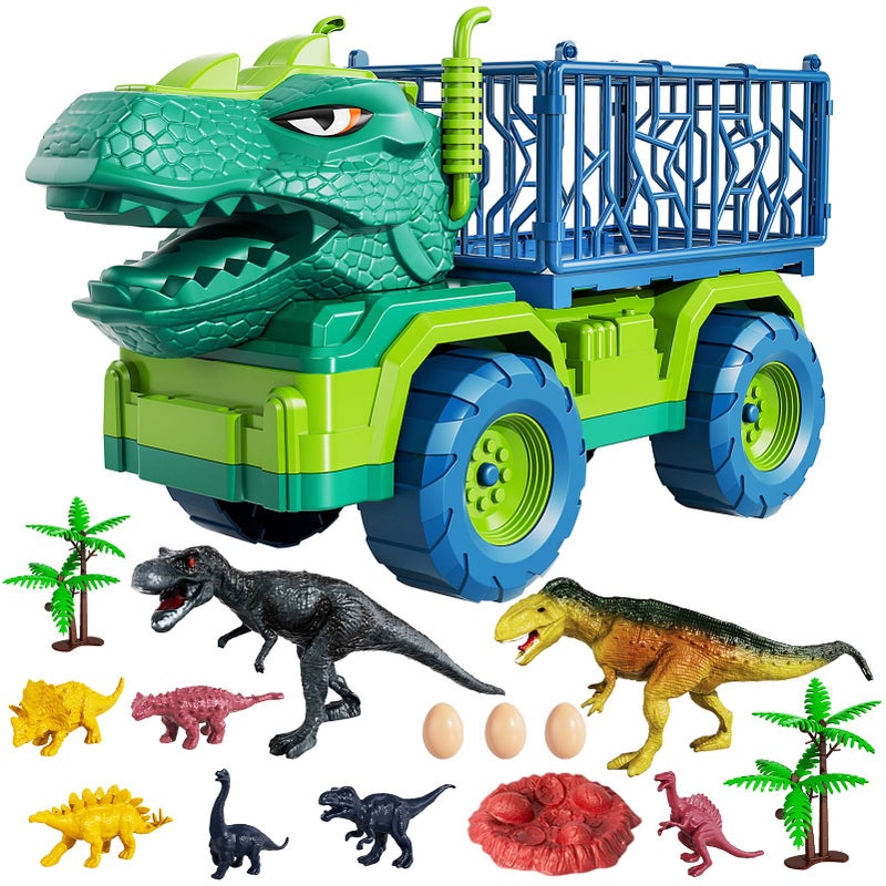 TEMI Dinosaur Truck Toys for Kids 3-5 Years, Tyrannosaurus Transport Car Carrier Truck with 8 Dinosaur Figures, Activity Play Mat, Dinosaur Eggs, Trees, Capture Jurassic Play Set for Boys and Girls - Image 1