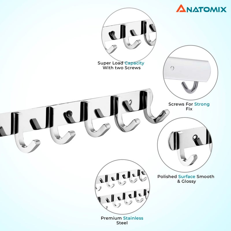 ANATOMIX Stainless Steel 6 Pin Bathroom Cloth Hooks Hanger for Walls of Bathroom/Kitchen-Hook Rail Bar for Clothes/Towel/Keys - J Type SQ Pack of 1 - Image 2