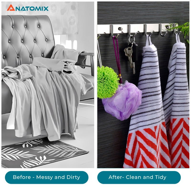ANATOMIX Stainless Steel 6 Pin Bathroom Cloth Hooks Hanger for Walls of Bathroom/Kitchen-Hook Rail Bar for Clothes/Towel/Keys - J Type SQ Pack of 1 - Image 4