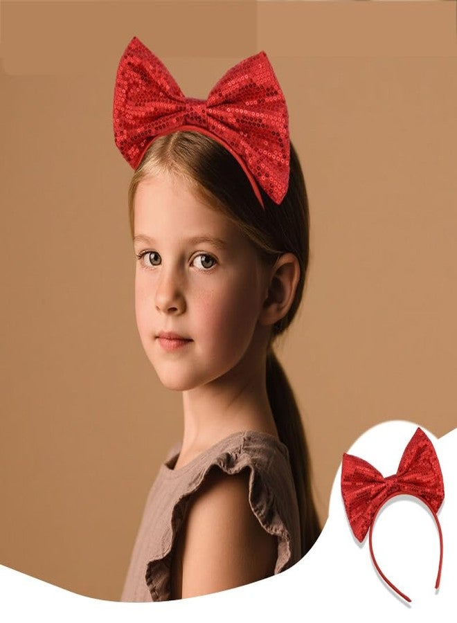 Sdopbinbin Glitter Sparkly Bow Headband for Women Girls Cosplay Halloween Headband Bow Headpiece Red Sequin Bow Head Band Bowknot Hair Band for Women Big Christmas Bow Headdress Large Bow Hairband Bling - Image 4