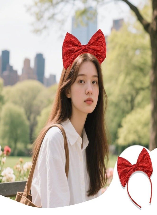 Sdopbinbin Glitter Sparkly Bow Headband for Women Girls Cosplay Halloween Headband Bow Headpiece Red Sequin Bow Head Band Bowknot Hair Band for Women Big Christmas Bow Headdress Large Bow Hairband Bling - Image 3
