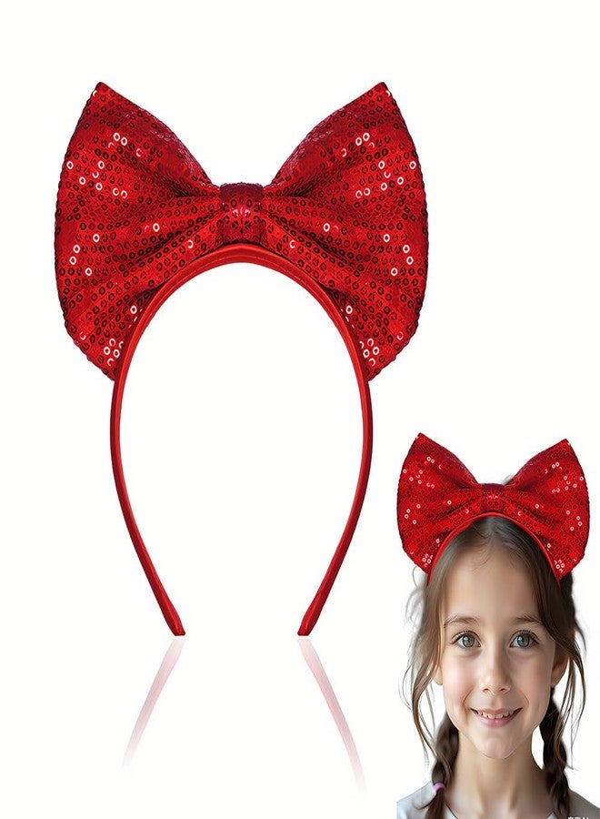 Sdopbinbin Glitter Sparkly Bow Headband for Women Girls Cosplay Halloween Headband Bow Headpiece Red Sequin Bow Head Band Bowknot Hair Band for Women Big Christmas Bow Headdress Large Bow Hairband Bling - Image 1