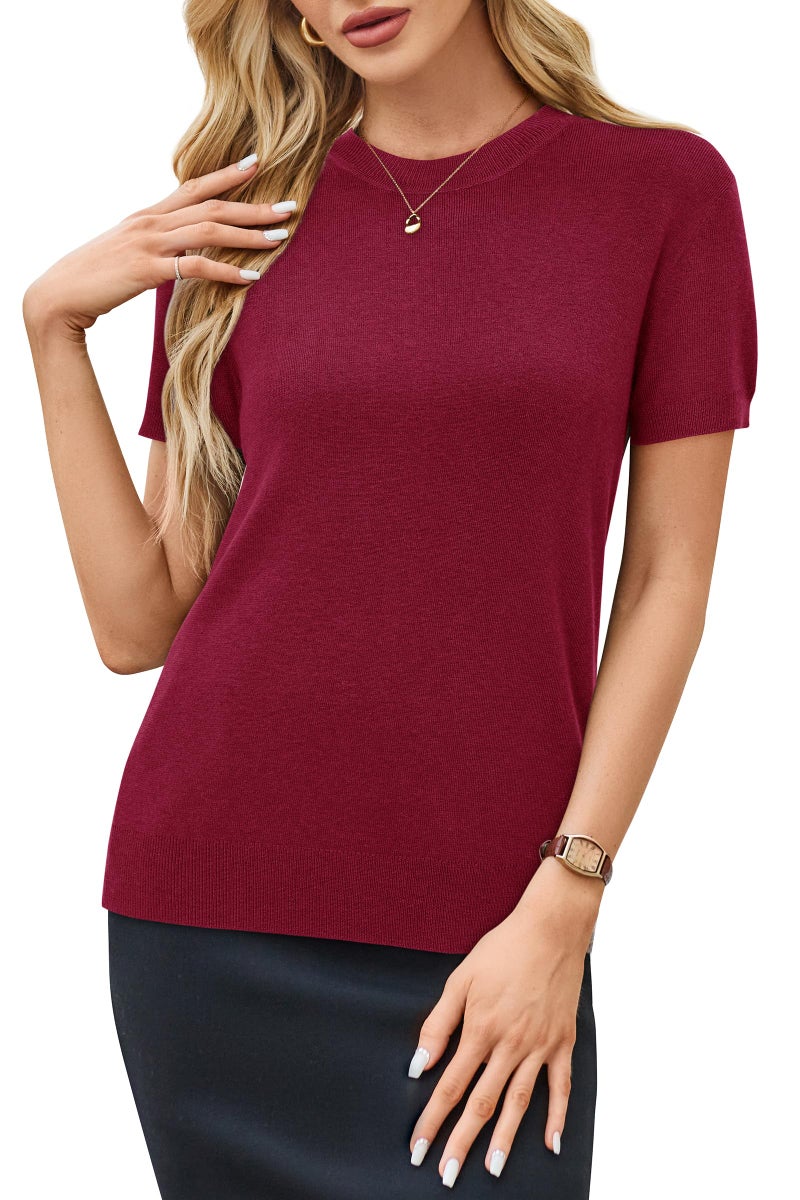 Arach&Cloz Womens Summer Tops Short Sleeve Pullover Sweaters Crew Neck Business Casual Tops Trendy 2026 (Red,L) - Image 2