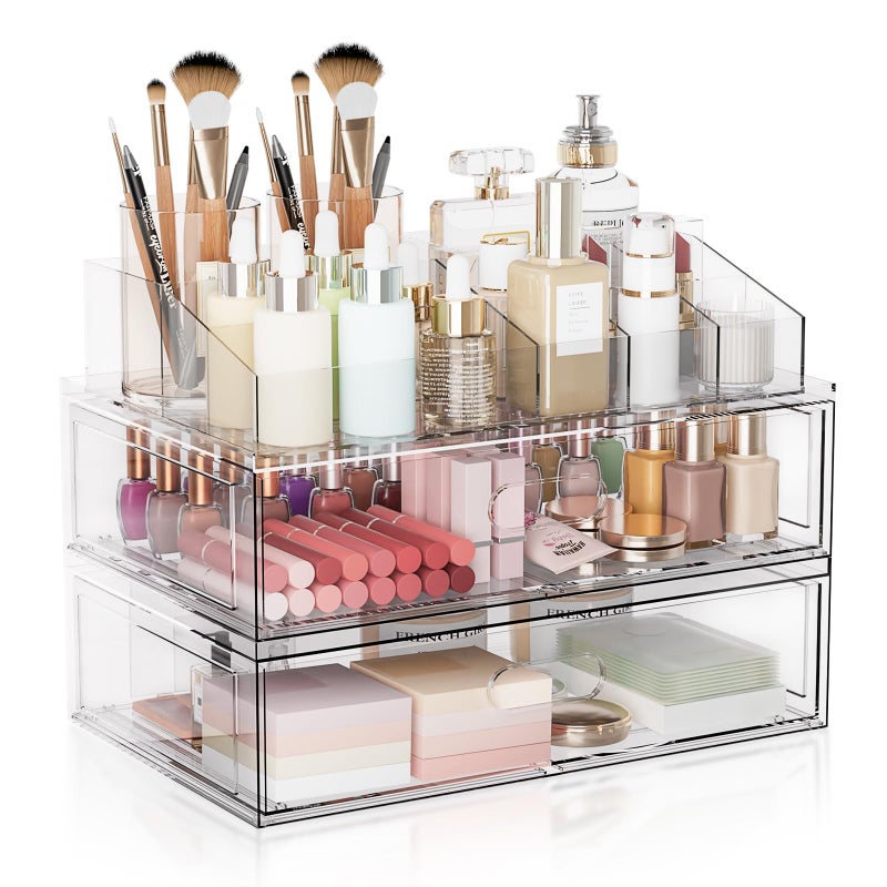 Aurblozen Clear Stackable Makeup Organizer with Drawer, 12''W Acrylic Storage Drawers, Cosmetic Display Case for Vanity Bathroom Countertop, Beauty Holder for Lipstick Brush Skincare Perfume - Image 1