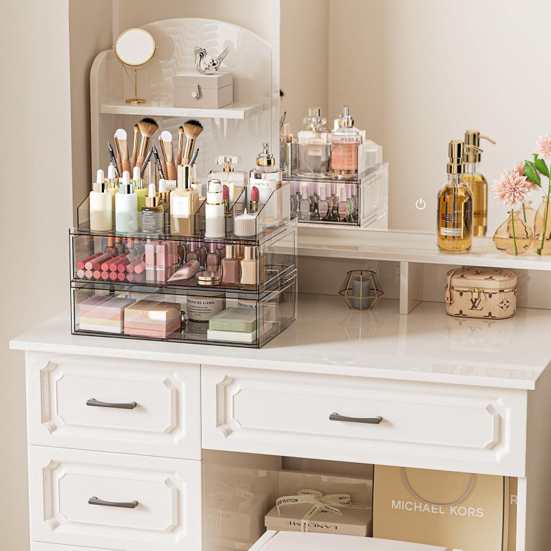 Aurblozen Clear Stackable Makeup Organizer with Drawer, 12''W Acrylic Storage Drawers, Cosmetic Display Case for Vanity Bathroom Countertop, Beauty Holder for Lipstick Brush Skincare Perfume - Image 2