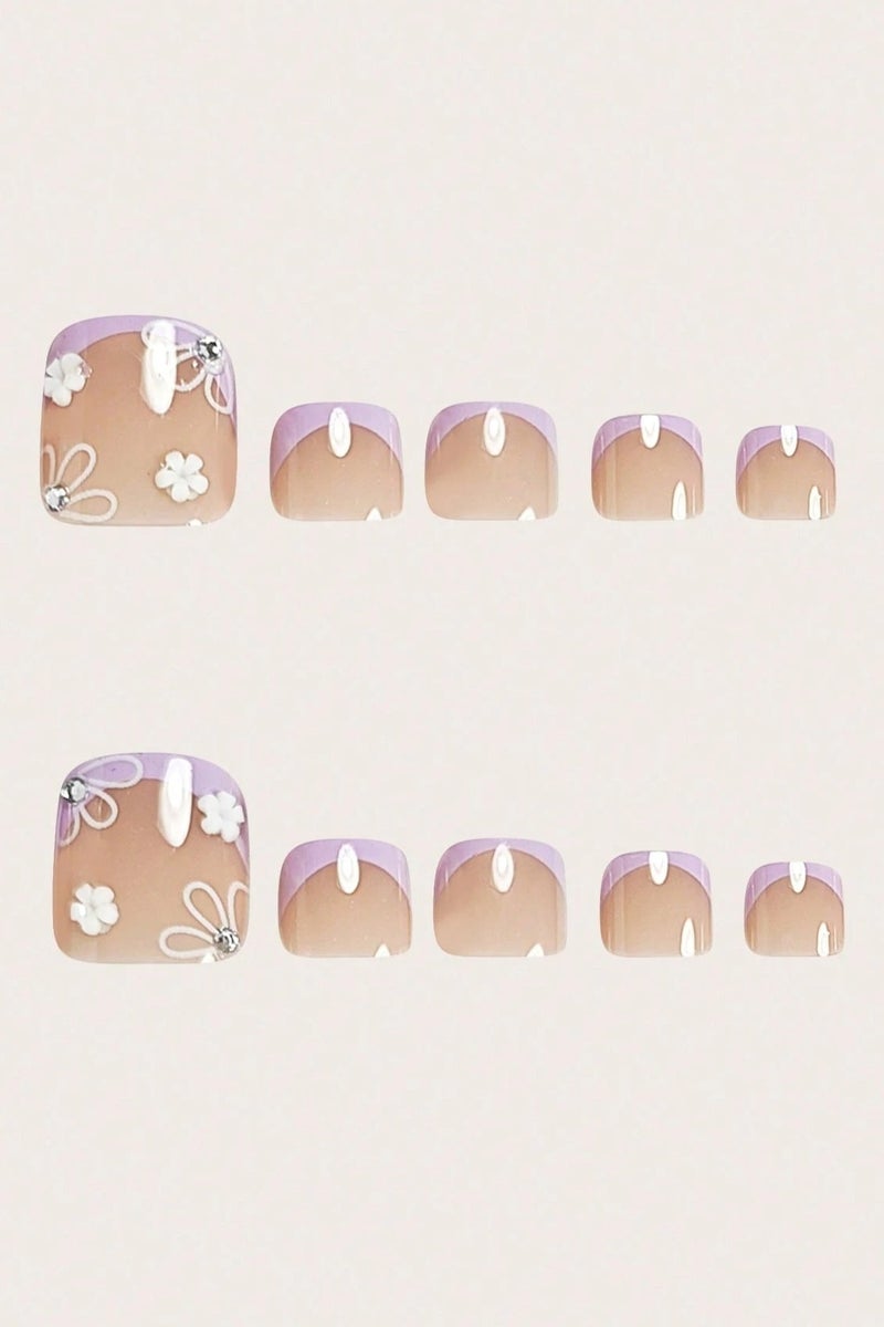 اظافر تركيب للقدم مزيفه بتصميم مربع  24  ظفر مع صمغ ومبرد - Image 4