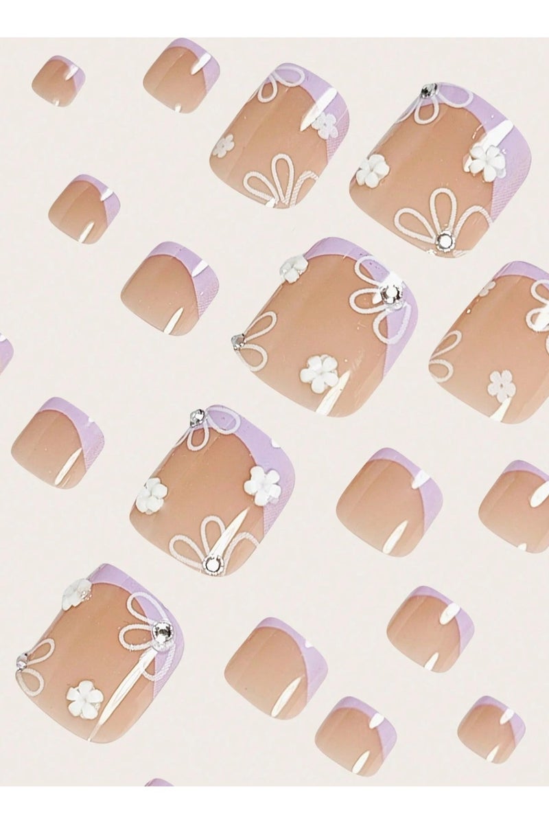 اظافر تركيب للقدم مزيفه بتصميم مربع  24  ظفر مع صمغ ومبرد - Image 3