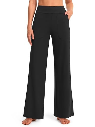 AFITNE Wide Leg Pants for Women Yoga Dress Pants with Pockets High Waist Stretch Loose Casual Lounge Work Sweatpants Black M 28 - Image 1