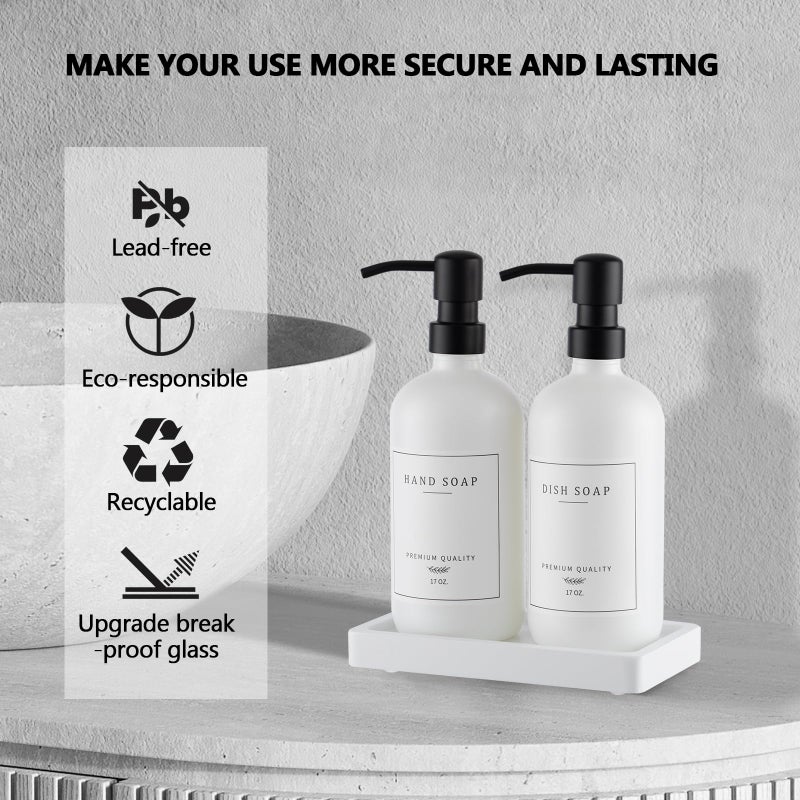 eggs sound Thick Glass Soap Dispenser - Kitchen Dish Soap Dispenser &Hand Soap Dispenser Set Rustproof Pump Soap Dispenser Bathroom With Tray 14 Stickers For Kitchen Decor White Bottle/Black Pump - Image 3