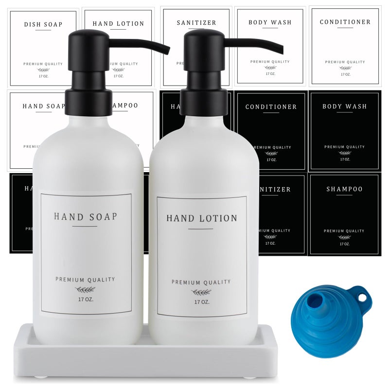 eggs sound Thick Glass Soap Dispenser - Kitchen Dish Soap Dispenser &Hand Soap Dispenser Set Rustproof Pump Soap Dispenser Bathroom With Tray 14 Stickers For Kitchen Decor White Bottle/Black Pump - Image 1