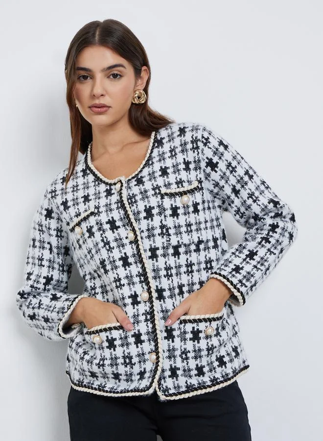 ستايلي جاكيت محبوك بنقشة وأزرار لؤلؤية