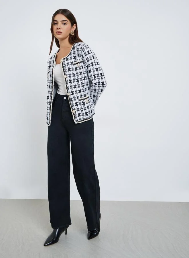 ستايلي جاكيت محبوك بنقشة وأزرار لؤلؤية