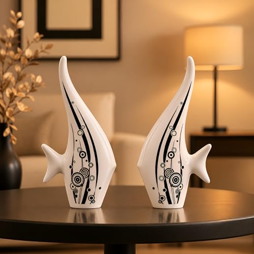 SRJANA Modern Minimalist White Bubble Fish Art Figure | Beautiful Home Decor- (Set of 2 pc) - Image 1