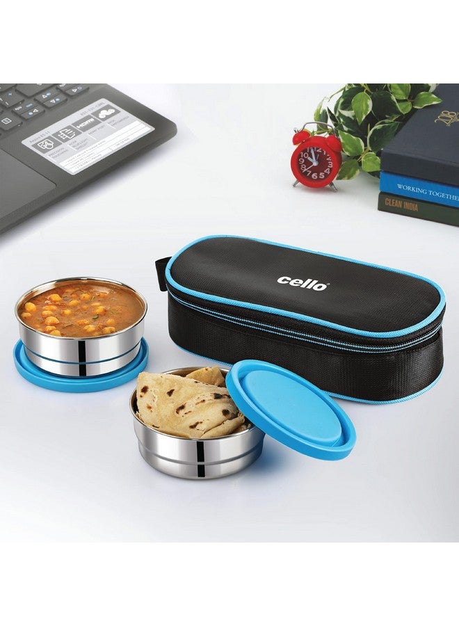 Cello CELLO Eco Bite Stainless Steel Lunch Box 2 Container with Jacket, Blue | Microwave Safe & Leak Proof Containers | Full Meal and Easy to Carry  - Image 1