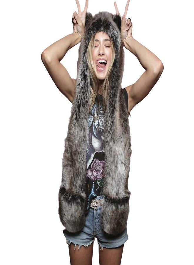 PowerKing Plush Novelty Animal Hat, 3-in-1 Faux Fur Hood Winter Warmer Cap and Stylish Full Animal Hat (Grey Wolf) - Image 1