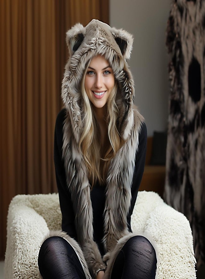 PowerKing Plush Novelty Animal Hat, 3-in-1 Faux Fur Hood Winter Warmer Cap and Stylish Full Animal Hat (Grey Wolf) - Image 3