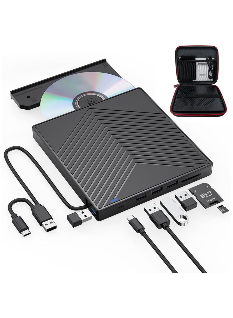 KADIP External CD DVD Drive, Ultra Slim CD Burner USB 3.0 with 4 USB Ports and 2 TF/SD Card Slots, Optical Disk Drive for Laptop Mac PC Windows 11/10/8/7 Linux OS with Carrying Case  - Image 1