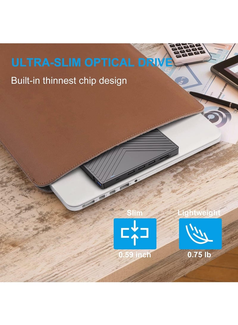 KADIP External CD DVD Drive, Ultra Slim CD Burner USB 3.0 with 4 USB Ports and 2 TF/SD Card Slots, Optical Disk Drive for Laptop Mac PC Windows 11/10/8/7 Linux OS with Carrying Case  - Image 2